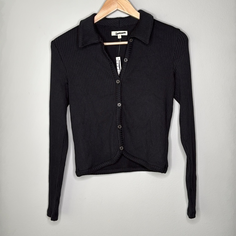 Madewell Curved Hem Polo Cardigan Ribbed Tee in True Black Size XS NWT - Picture 2 of 6